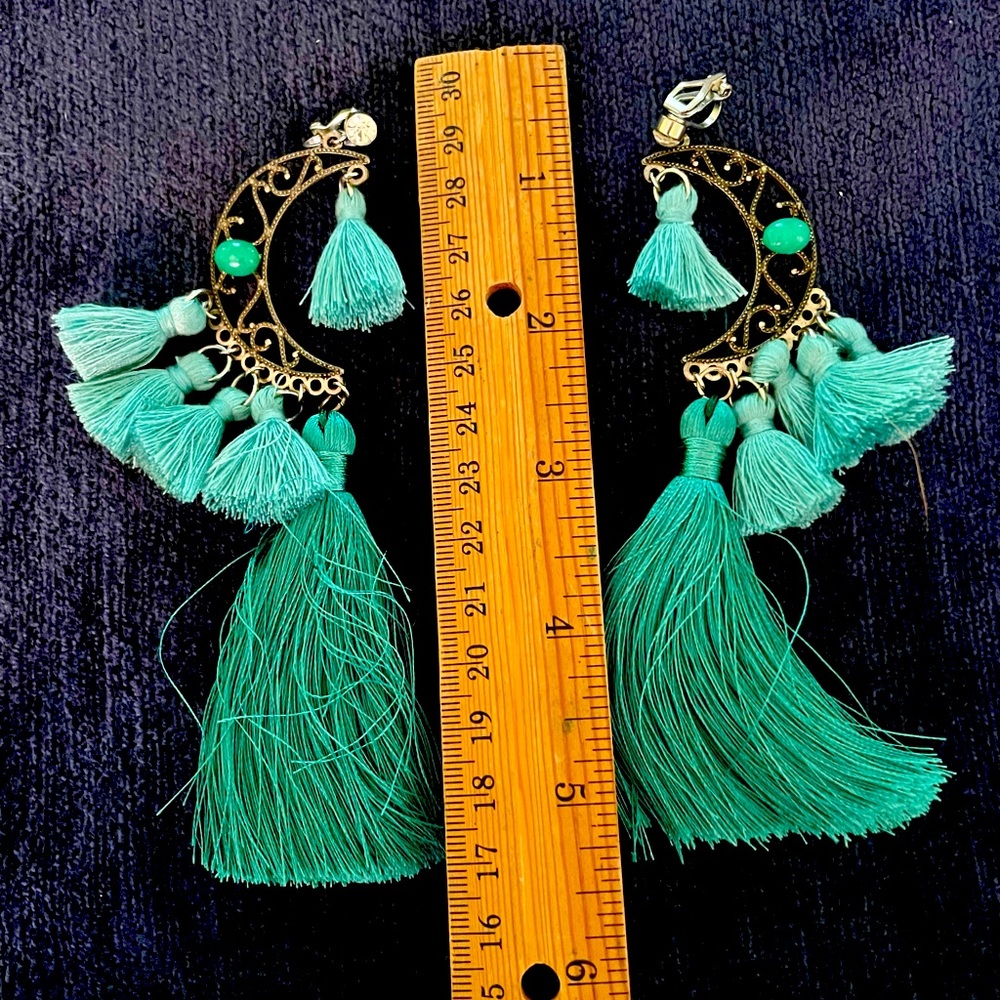 Boho drop earrings with teal tassels and rhinestones for summer flirty fun.